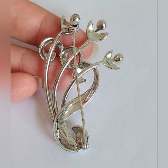 Vintage Boho Sterling Silver Marcasite Crystal Pearl Flower Brooch Pin - Picture 6 of 10